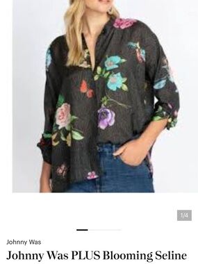 Johnny Was Sheer Black Floral Button-Up Shirt 1x